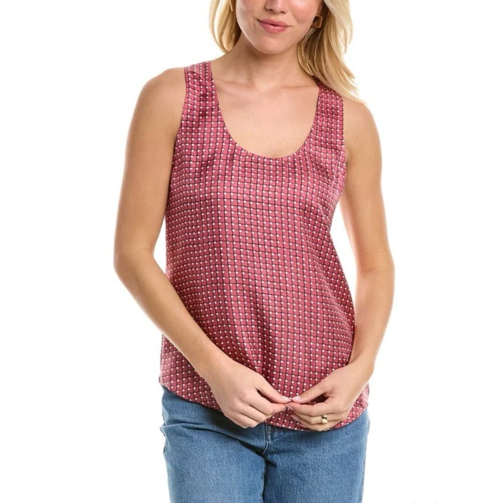 THOERY Racer Tank Womens Medium Pink Color Block Grid Print Silk Twill Scoop